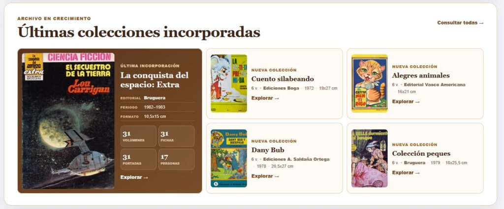 Bloque con las últimas colecciones indexadas.